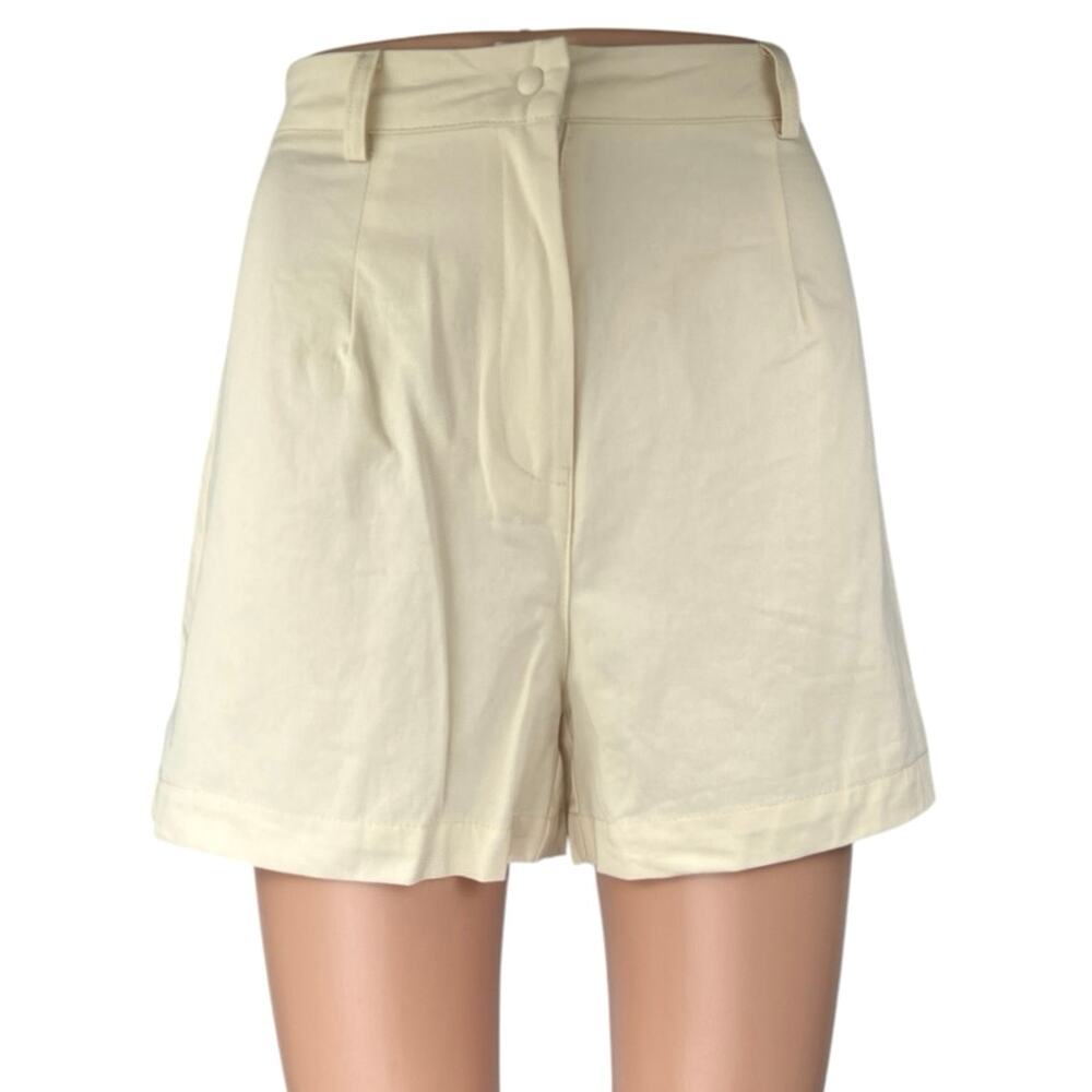 Commense Women's Cream Pleated High Waisted Wide Leg Mini Casual Shorts Size S